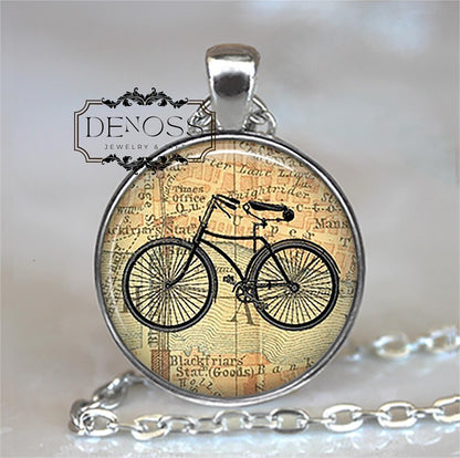 Vintage Bicycle & Map necklace,cyclist gift,bicycle jewelry,bicycle antique gift