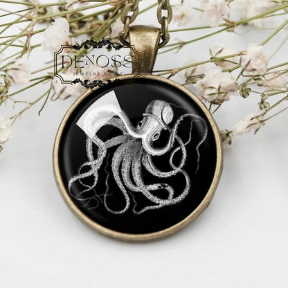 Vintage Octopus Pendant Necklace,Octopus Necklace,Nautical Jewelry,Blue Black Vintage Octopus,Sea creature Gift,Nautical Sea Life Gift