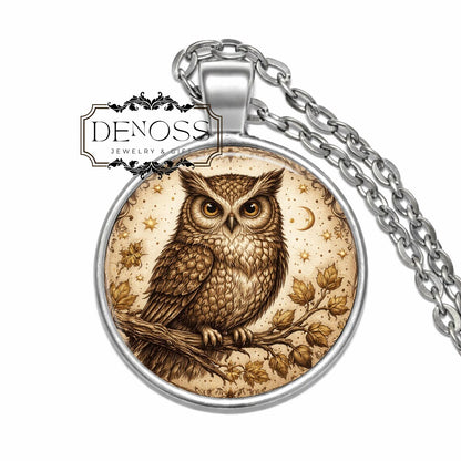 Vintage Owl Pendant Necklace,Celestial Woodland Art Jewelry