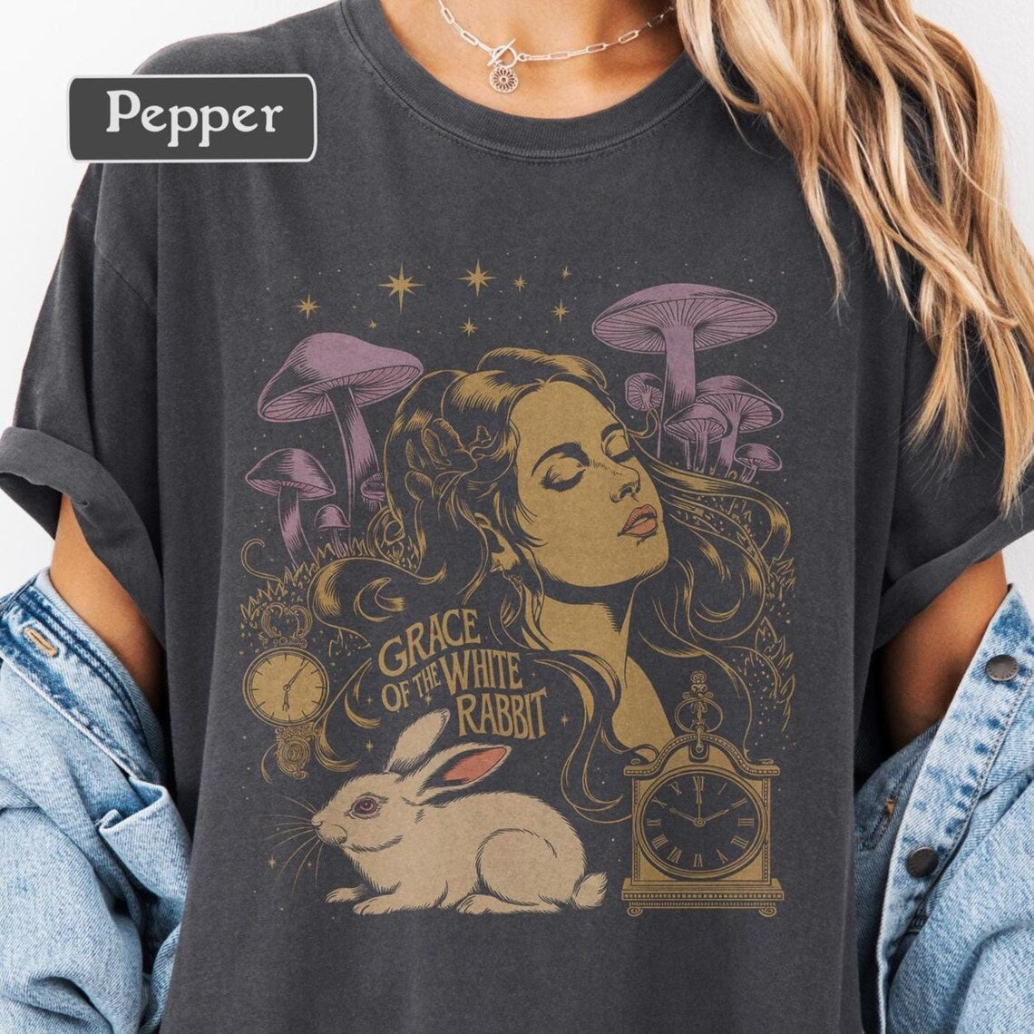 Vintage Psychedelic Rock Tee, 60s Acid Rock Band Inspired White Rabbit Graphic Shirt, Retro Mushroom Art Concert T-Shirt