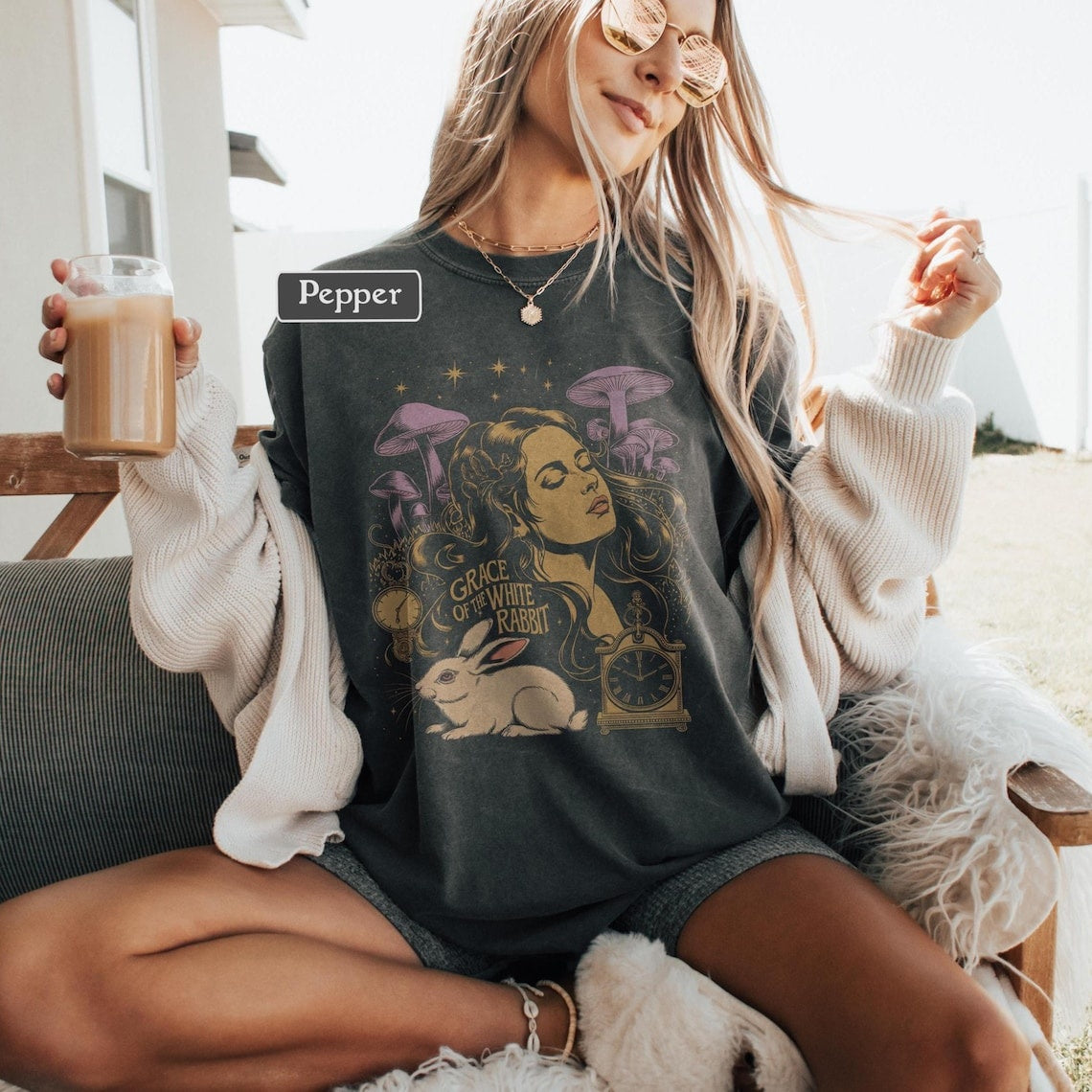 Vintage Psychedelic Rock Tee, 60s Acid Rock Band Inspired White Rabbit Graphic Shirt, Retro Mushroom Art Concert T-Shirt