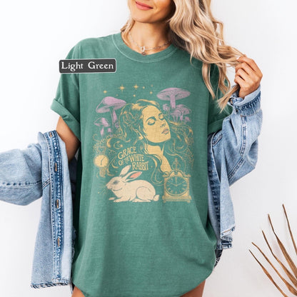 Vintage Psychedelic Rock Tee, 60s Acid Rock Band Inspired White Rabbit Graphic Shirt, Retro Mushroom Art Concert T-Shirt