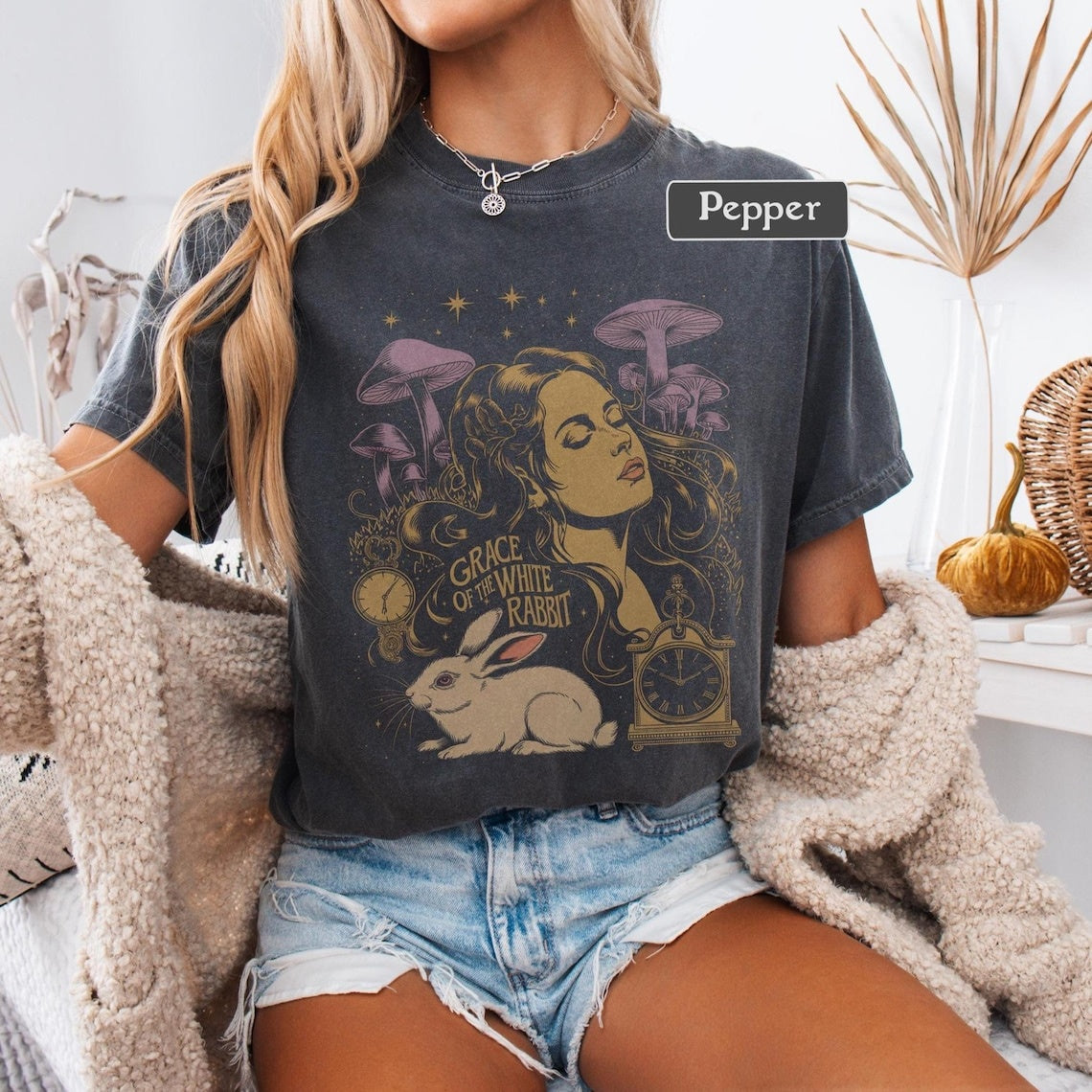 Vintage Psychedelic Rock Tee, 60s Acid Rock Band Inspired White Rabbit Graphic Shirt, Retro Mushroom Art Concert T-Shirt