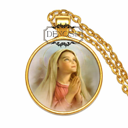 Virgin Mary Pendant Necklace,Blessed Mother Catholic Jewelry,Glass Dome Religious Gift