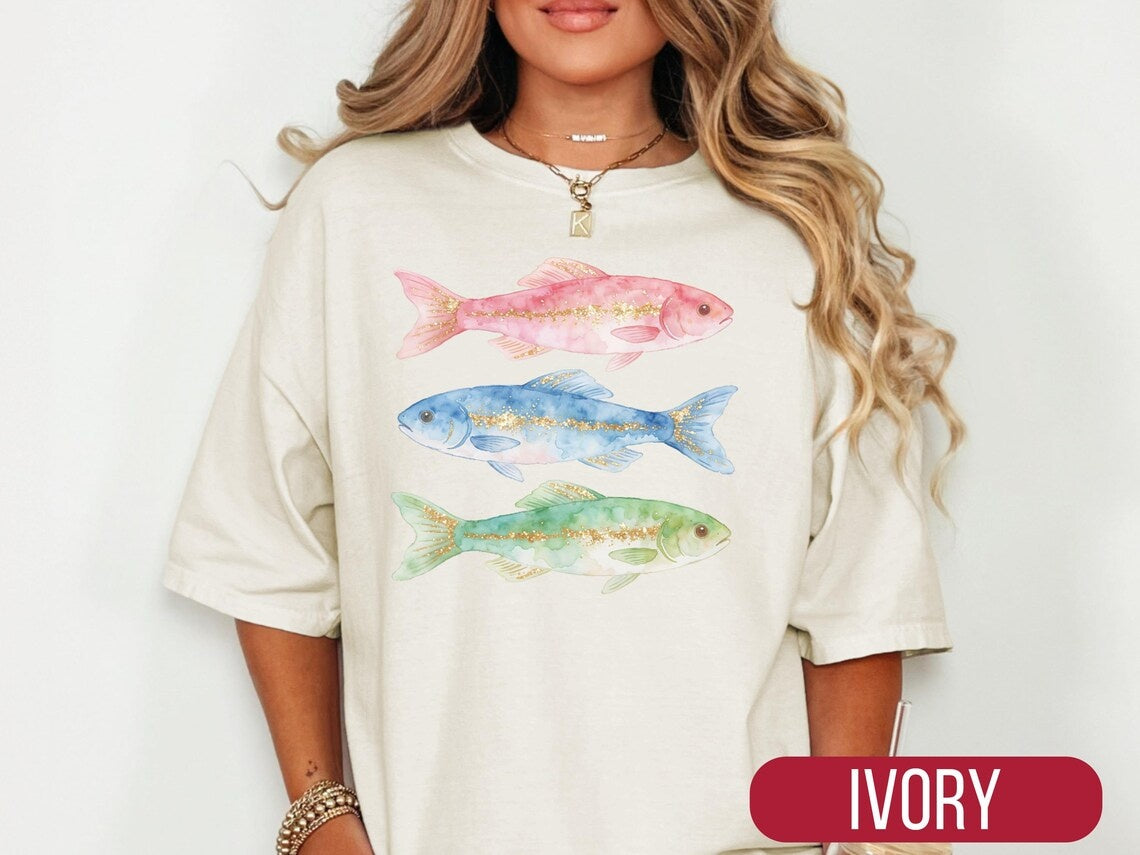 Watercolor Fish Ocean Lover Gift, Coastal Beach Aesthetic Sparkly Marine Life Shirt