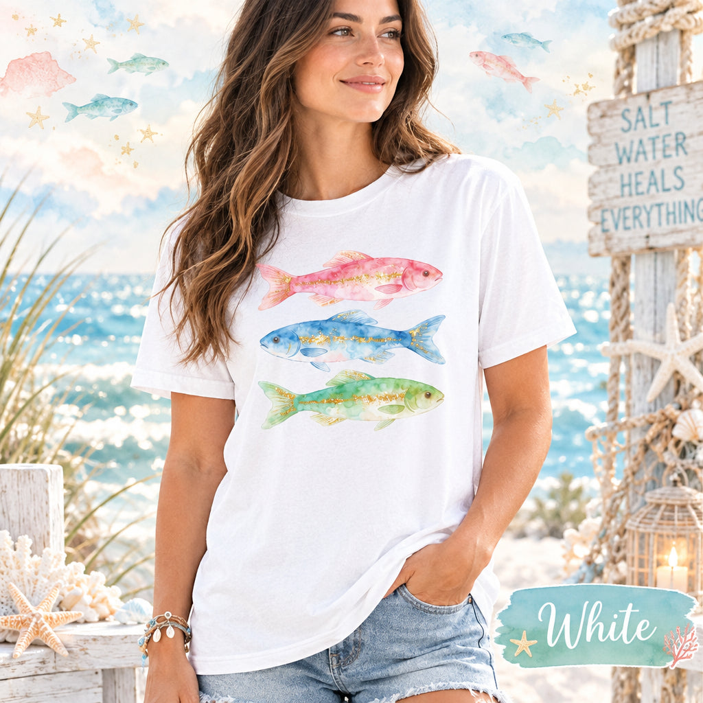 Watercolor Fish Ocean Lover Gift, Coastal Beach Aesthetic Sparkly Marine Life Shirt
