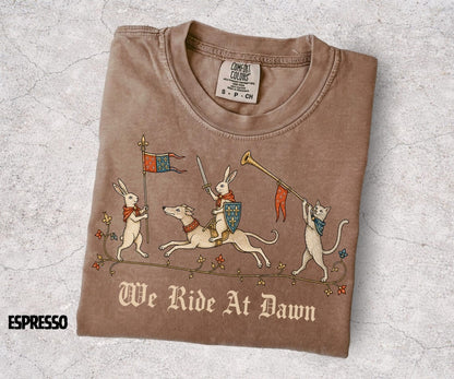We Ride At Dawn Shirt, Medieval Rabbit Tee, Knight Bunny Shirt, Funny Medieval Cat Tee, Renaissance Humor, Ren Faire Shirt, Comfort Colors - Denoss