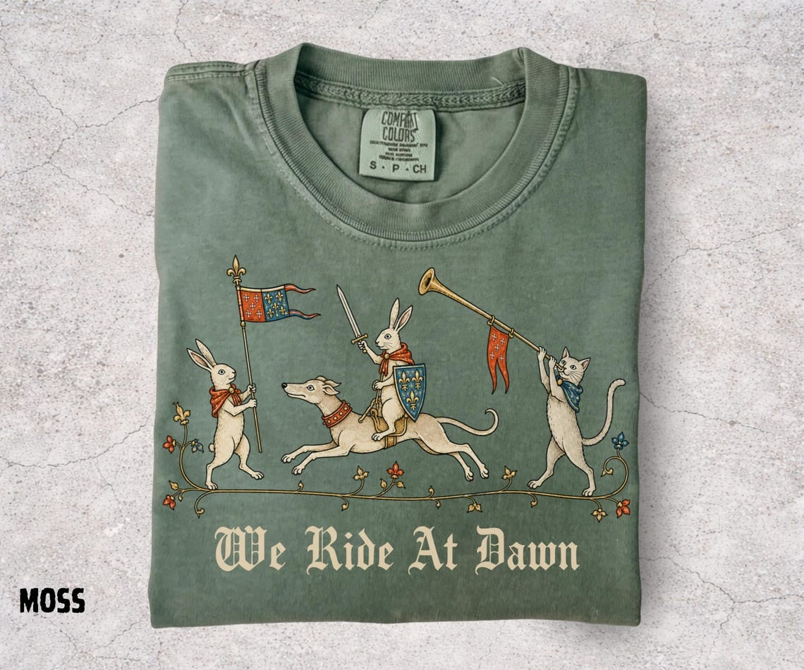 We Ride At Dawn Shirt, Medieval Rabbit Tee, Knight Bunny Shirt, Funny Medieval Cat Tee, Renaissance Humor, Ren Faire Shirt, Comfort Colors - Denoss