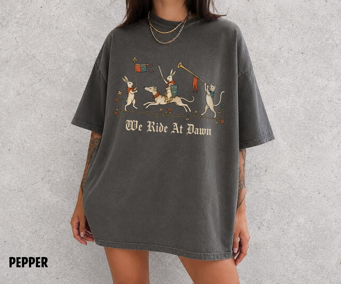 We Ride At Dawn Shirt, Medieval Rabbit Tee, Knight Bunny Shirt, Funny Medieval Cat Tee, Renaissance Humor, Ren Faire Shirt, Comfort Colors - Denoss