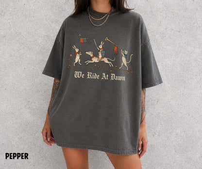 We Ride At Dawn Shirt, Medieval Rabbit Tee, Knight Bunny Shirt, Funny Medieval Cat Tee, Renaissance Humor, Ren Faire Shirt, Comfort Colors - Denoss