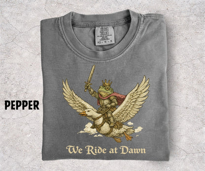 We Ride at Dawn Shirt, Medieval Frog Knight Riding Goose, Chaotic Frog Meme Tee, Funny Fantasy Shirt, Frog Lover Gift - Denoss