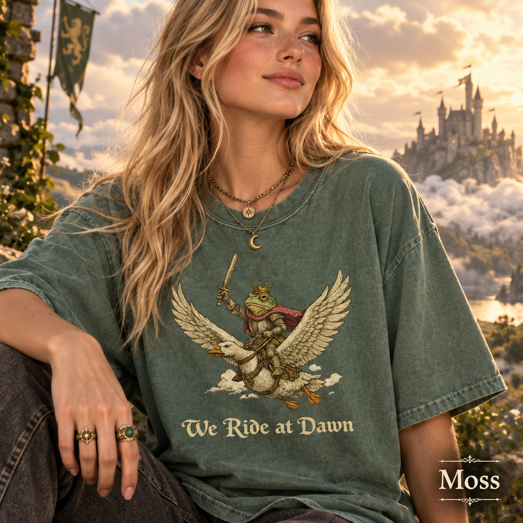 We Ride at Dawn Shirt, Medieval Frog Knight Riding Goose, Chaotic Frog Meme Tee, Funny Fantasy Shirt, Frog Lover Gift - Denoss