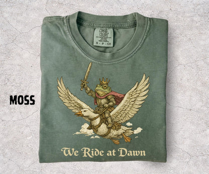 We Ride at Dawn Shirt, Medieval Frog Knight Riding Goose, Chaotic Frog Meme Tee, Funny Fantasy Shirt, Frog Lover Gift - Denoss