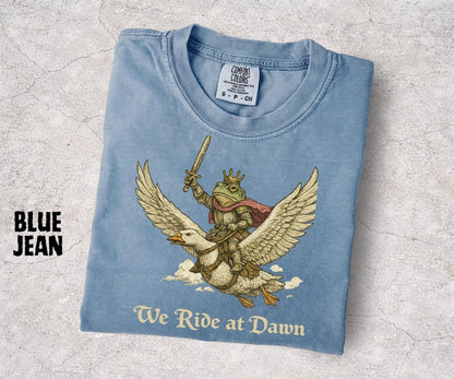 We Ride at Dawn Shirt, Medieval Frog Knight Riding Goose, Chaotic Frog Meme Tee, Funny Fantasy Shirt, Frog Lover Gift - Denoss