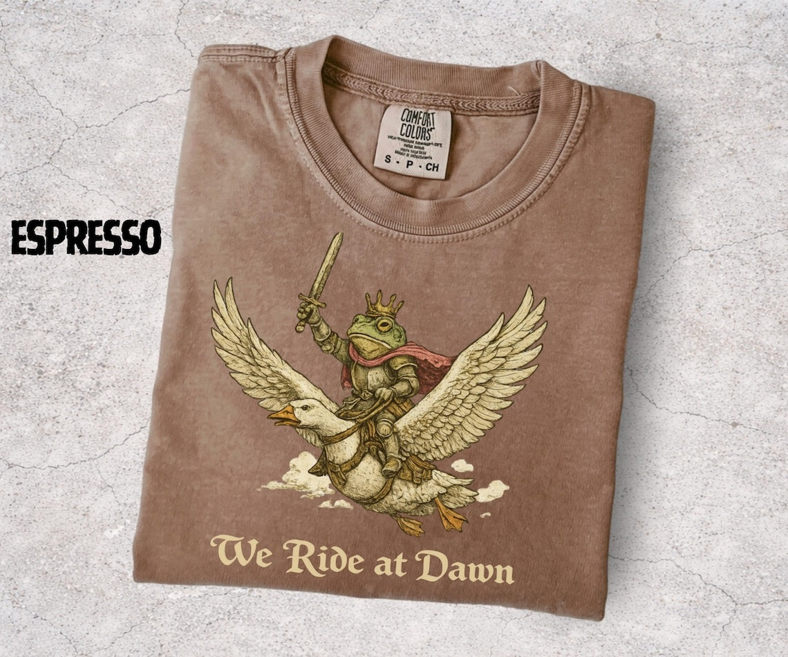 We Ride at Dawn Shirt, Medieval Frog Knight Riding Goose, Chaotic Frog Meme Tee, Funny Fantasy Shirt, Frog Lover Gift - Denoss
