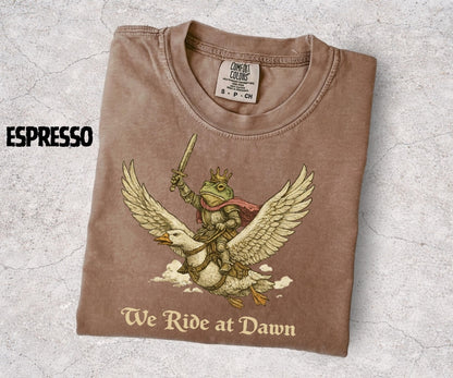 We Ride at Dawn Shirt, Medieval Frog Knight Riding Goose, Chaotic Frog Meme Tee, Funny Fantasy Shirt, Frog Lover Gift - Denoss