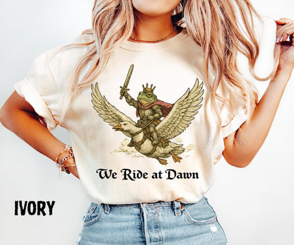We Ride at Dawn Shirt, Medieval Frog Knight Riding Goose, Chaotic Frog Meme Tee, Funny Fantasy Shirt, Frog Lover Gift - Denoss