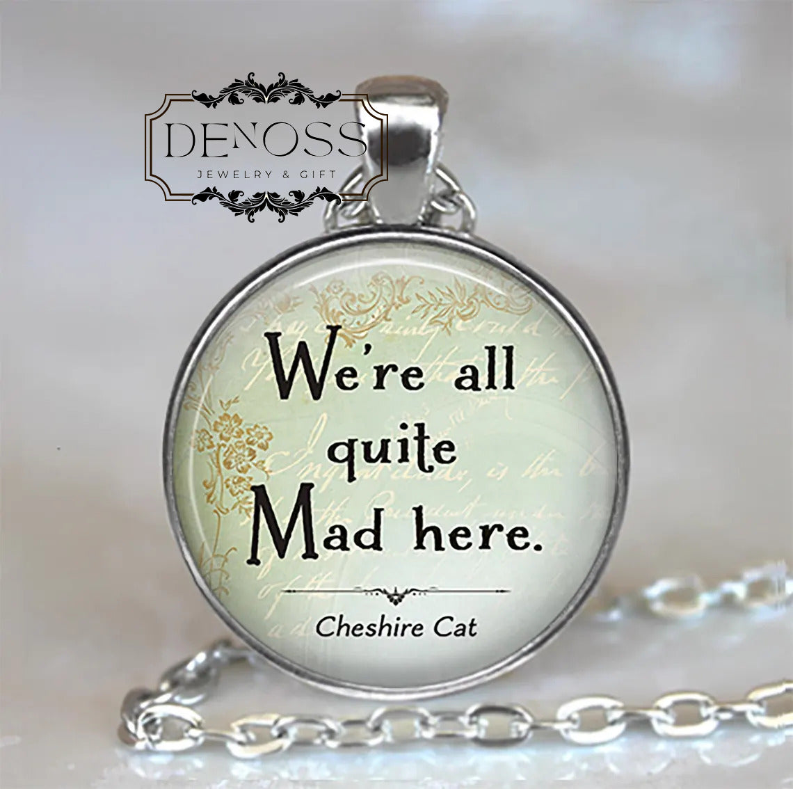 We're All Quite Mad Here,Cheshire Cat quote necklace,quirky Alice in Wonderland literary quote
