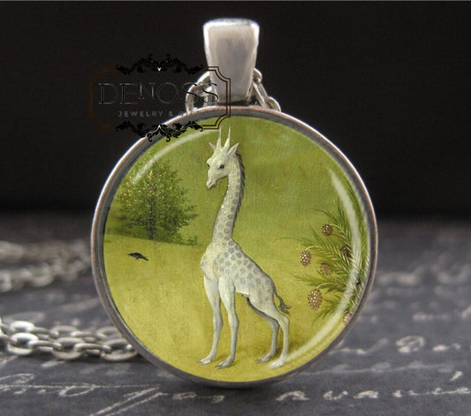 White Giraffe Necklace,Garden of Earthly Delights Hieronymus Bosch Eden Triptych Art Pendant,Hand Crafted Jewelry,Gifts for Women