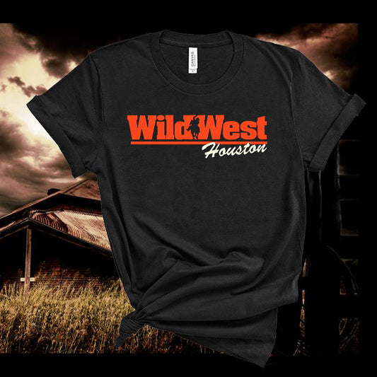 Black t-shirt with 'Wild West Houston' text against a rustic background