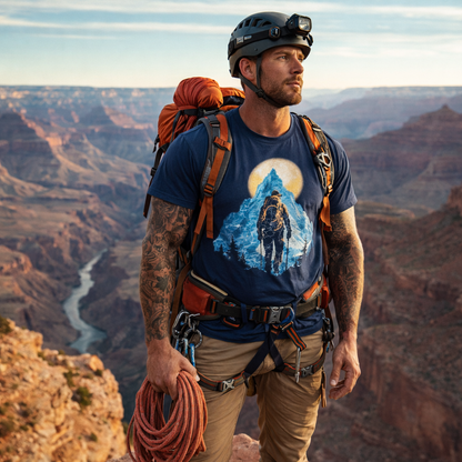 Man with climbing gear and a t-shirt with a mountain graphic in a canyon setting