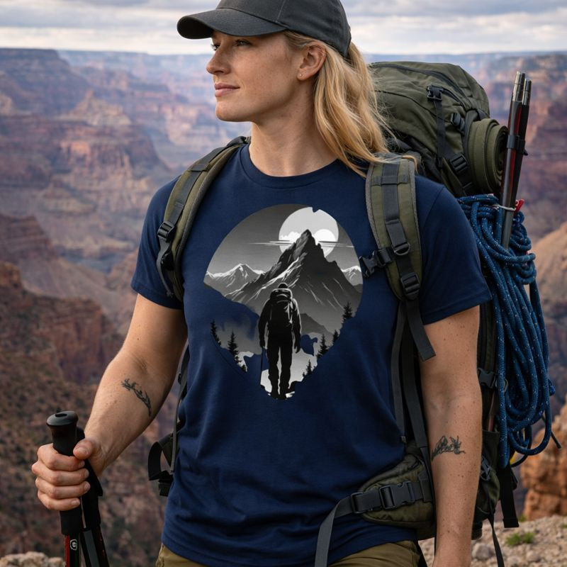 Person wearing a blue t-shirt with a mountain graphic, standing in front of a canyon view.