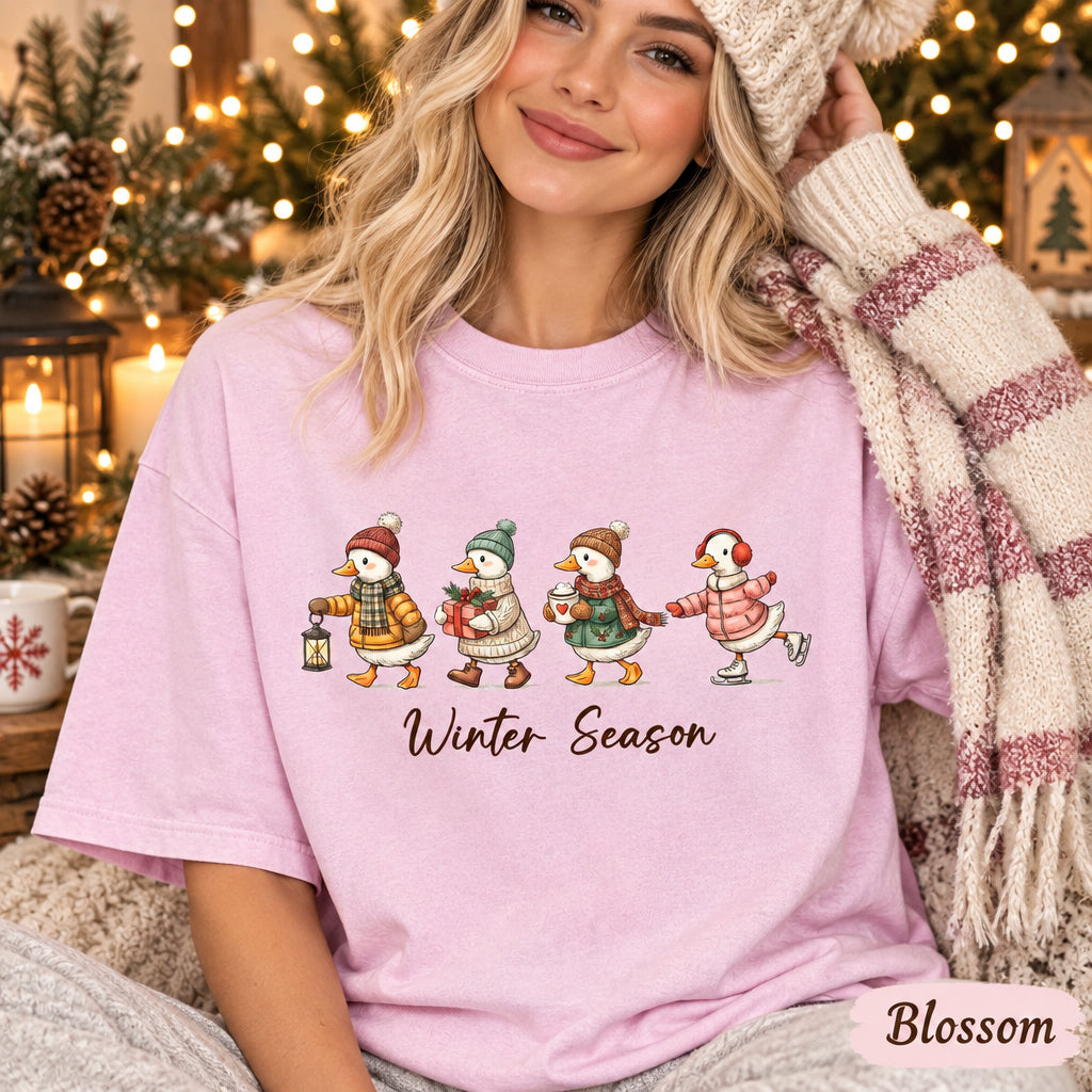 Winter Season Goose Shirt, Christmas Animal Crewneck, Winter Holiday Sweater, Cozy Skating Duck  T-Shirt, Cute Festive Xmas Family T-shirt4