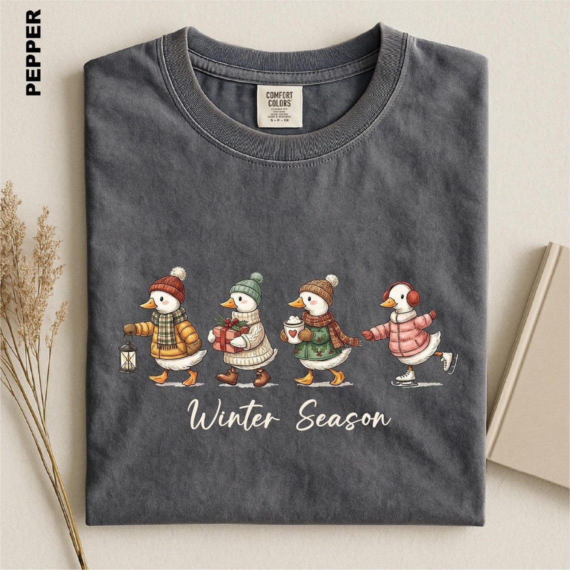 Winter Season Goose Shirt, Christmas Animal Crewneck, Winter Holiday Sweater, Cozy Skating Duck  T-Shirt, Cute Festive Xmas Family T-shirt4