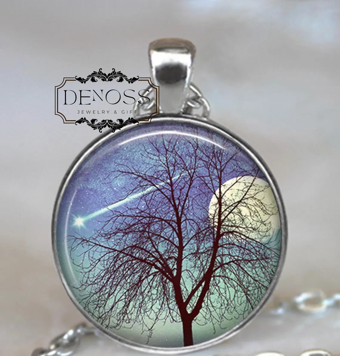 Wish Upon a Star necklace,falling star shooting star tree and full moon,art jewelry,nature lover gift