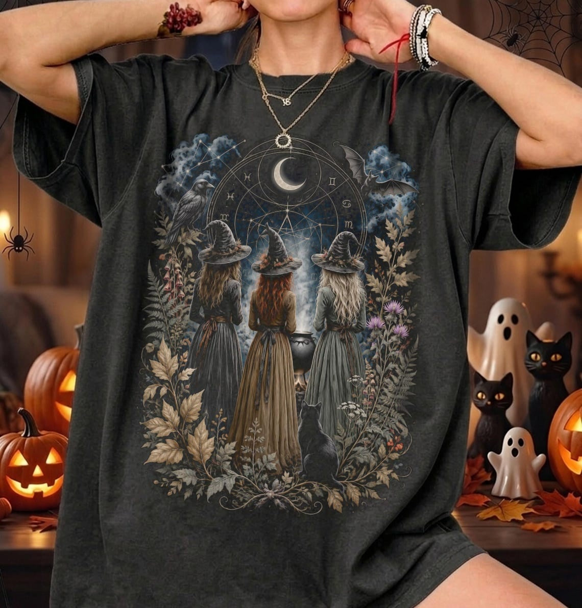 Witch Coven Shirt, Witchy Halloween Tee, Three Witches T-Shirt, Occult Gothic Top, Women's Moon Magic Shirt, Comfort Colors