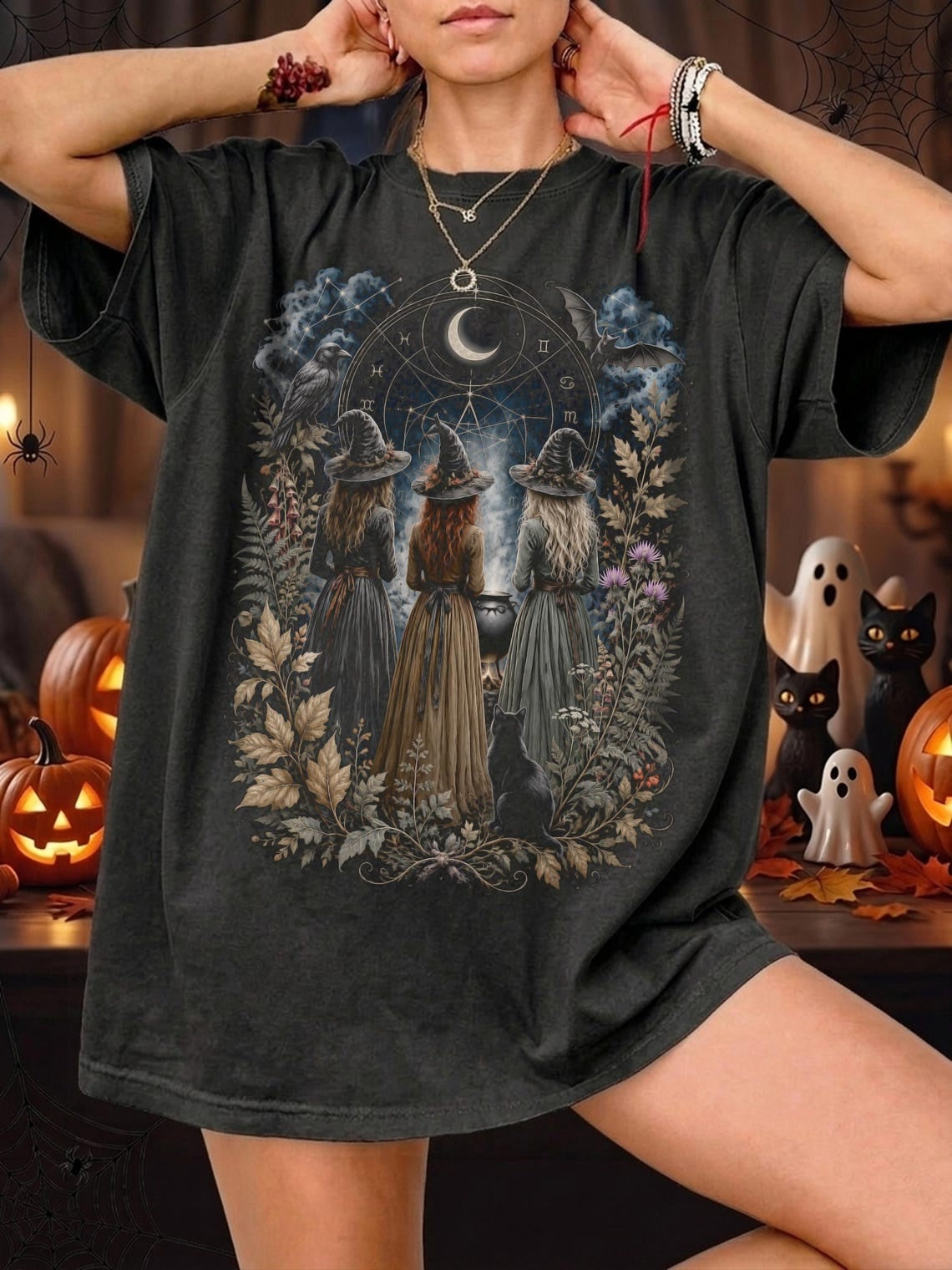 Witch Coven Shirt, Witchy Halloween Tee, Three Witches T-Shirt, Occult Gothic Top, Women's Moon Magic Shirt, Comfort Colors