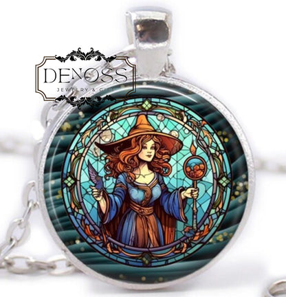 Witch Pendant Necklace,Spooky Halloween Jewelry,Faux Stained Glass Witch