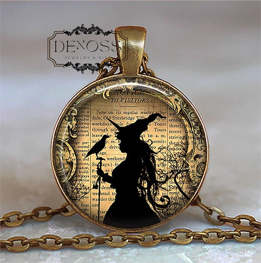 Witch and Raven necklace,Witch and Raven cute witch necklace,witch pendant Samhain gift,Halloween gift - Denoss