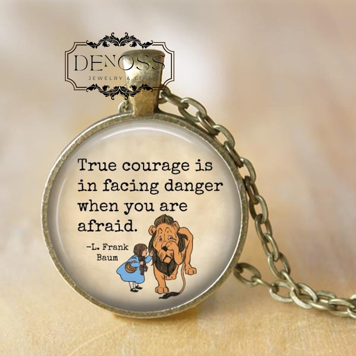 Wizard of Oz Pendant,Wizard of Oz Necklace,Cowardly Lion,True courage is in facing danger when you are afraid