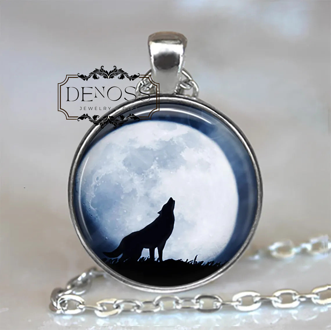 Wolf Moon necklace,full moon and howling wolf totem gift,wild forest animal lover nature gift