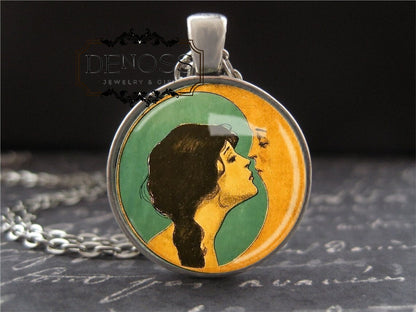 Woman Kissing the Moon Necklace,Vintage Art Deco Pendant Glass Charm