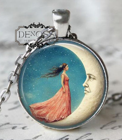 Woman On The Moon Necklace,Vintage Style Jewelry,Crescent Moon Necklace,Moon Jewelry,Powder Blue Pink Necklace,Celestial Necklace