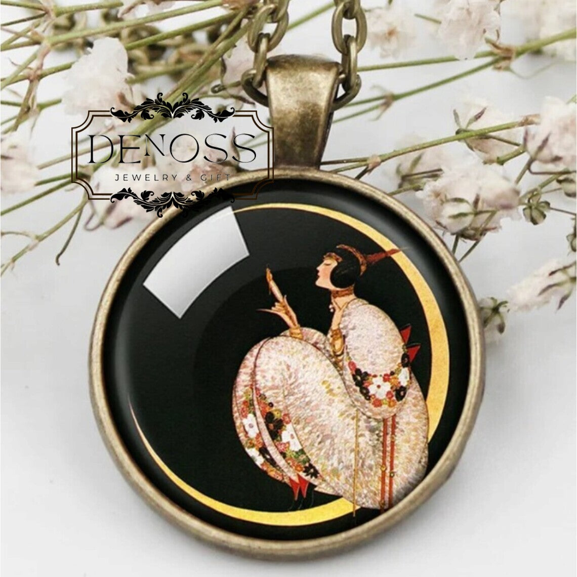 Woman On The Moon,Crescent Moon Necklace,Moon Jewelry,Lady on The Moon Pendant,Art Deco Jewelry,Handmade Jewelry,Art Deco Pendant gift