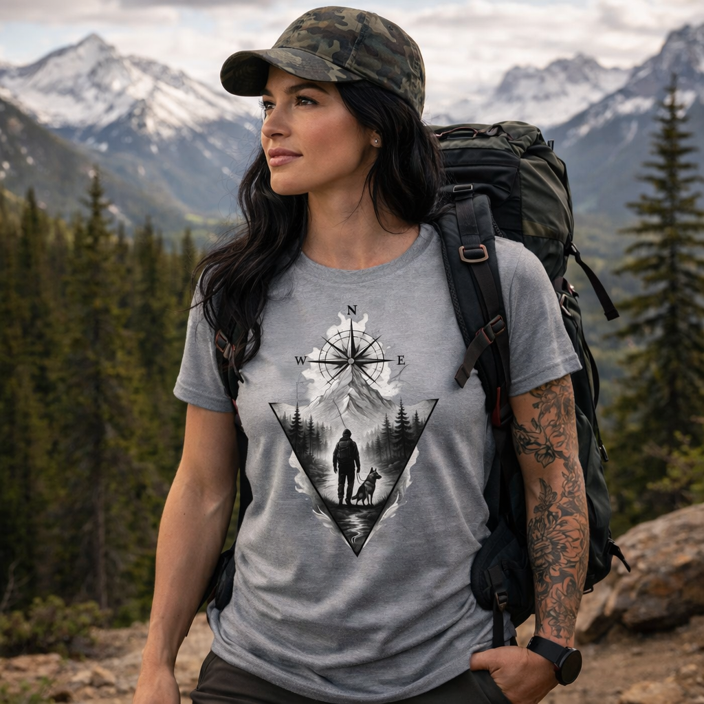 Woman hiking in a mountainous area wearing a t-shirt with a compass design.