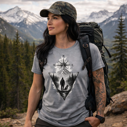 Woman hiking in a mountainous area wearing a t-shirt with a compass design.