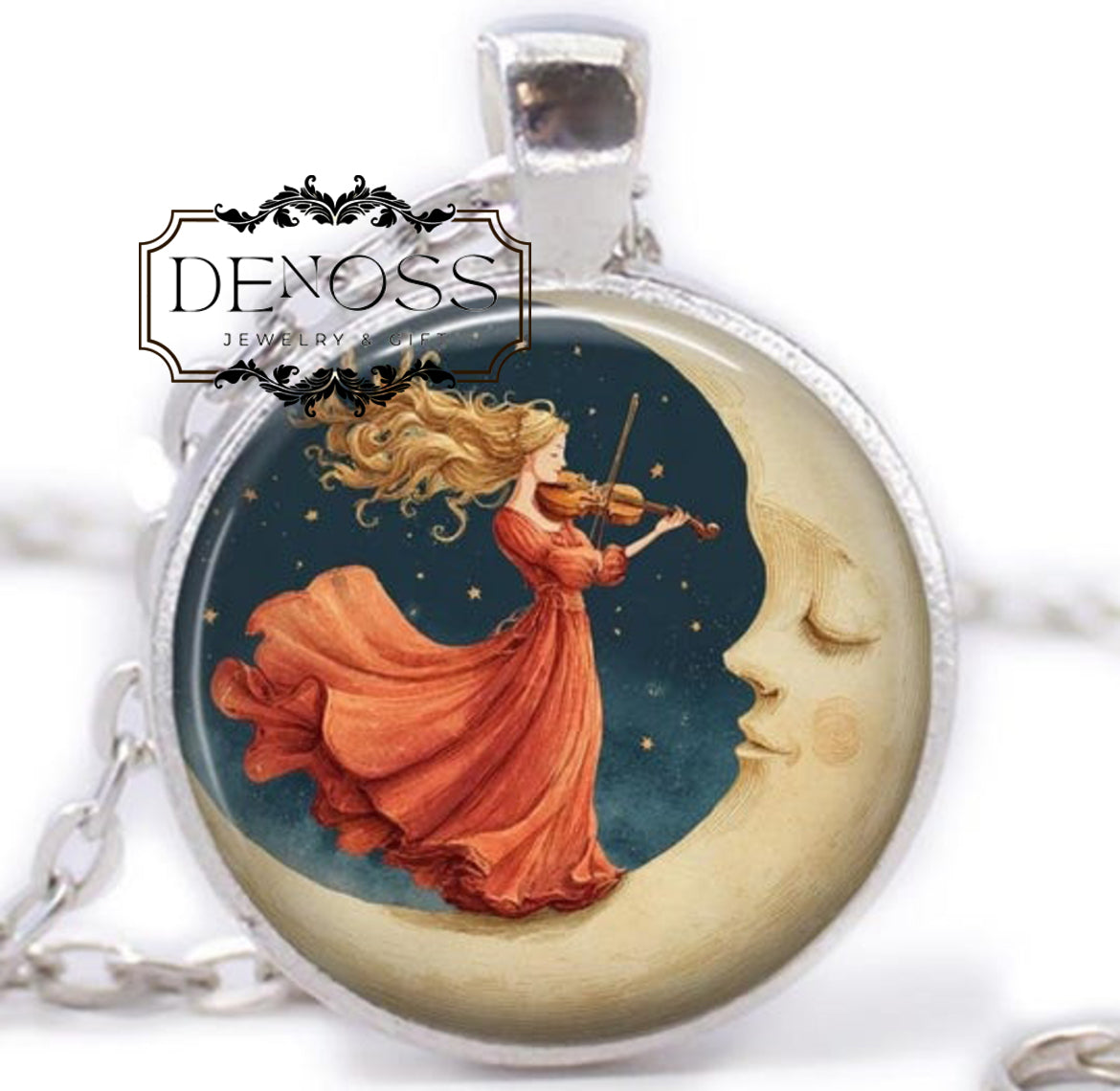 Woman on the Moon Necklace Vintage Violin Crescent Moon Jewelry,Musical Instruments