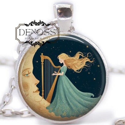 Woman on the Moon Necklace,Vintage Art Deco Cabochon Moon Pendant