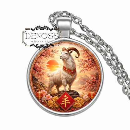 Year of the Goat Pendant  Necklace,Chinese Zodiac Lunar New Year Charm,Glass Dome Necklace