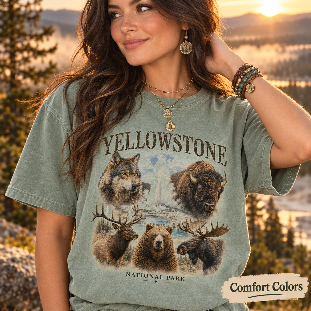 Yellowstone Shirt National Park Tee, Wildlife Art, Bear Wolf Bison Elk Deer, Wyoming Travel T-Shirt, Retro Nature Tee, Hiking Camping Shirt