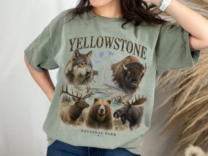 Yellowstone Shirt National Park Tee, Wildlife Art, Bear Wolf Bison Elk Deer, Wyoming Travel T-Shirt, Retro Nature Tee, Hiking Camping Shirt
