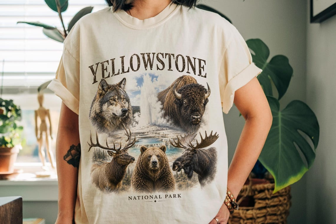 Yellowstone Shirt National Park Tee, Wildlife Art, Bear Wolf Bison Elk Deer, Wyoming Travel T-Shirt, Retro Nature Tee, Hiking Camping Shirt