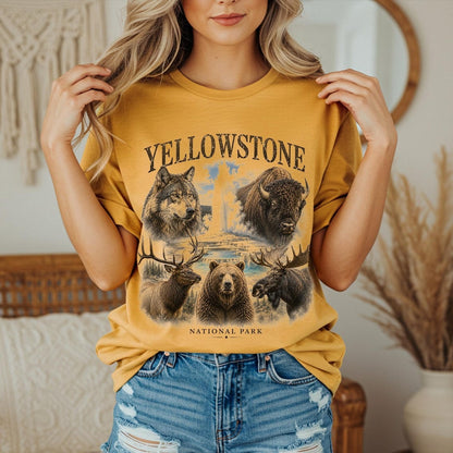Yellowstone Shirt National Park Tee, Wildlife Art, Bear Wolf Bison Elk Deer, Wyoming Travel T-Shirt, Retro Nature Tee, Hiking Camping Shirt