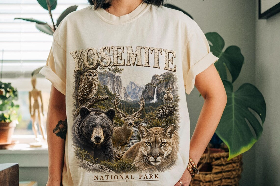 Yosemite National Park Shirt, California Wildlife Tee, Camping T-Shirt, Bear Owl Art, Deer Cougar Design, Hiking Gift