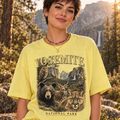 Yosemite National Park Shirt, California Wildlife Tee, Camping T-Shirt, Bear Owl Art, Deer Cougar Design, Hiking Gift