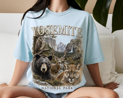 Yosemite National Park Shirt, California Wildlife Tee, Camping T-Shirt, Bear Owl Art, Deer Cougar Design, Hiking Gift
